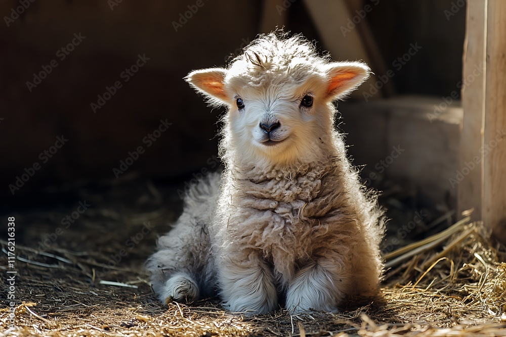 Fototapeta premium Fluffy white lamb resting peacefully in a sunlit barn, enjoying a quiet moment on a bed of straw