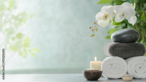 Serene Spa Sanctuary: A tranquil arrangement of white orchids, smooth stones, and plush towels creates a calming atmosphere, inviting relaxation and rejuvenation.