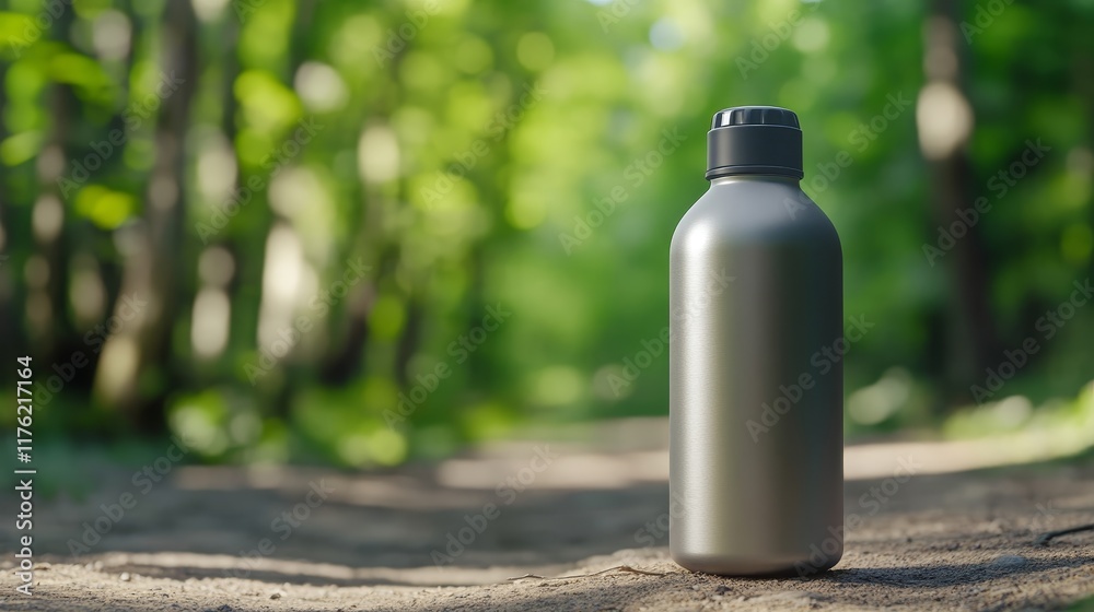 A metallic water bottle stands on a dirt path surrounded by lush greenery. A metallic water bottle stands on a dirt path surrounded by lush greenery.