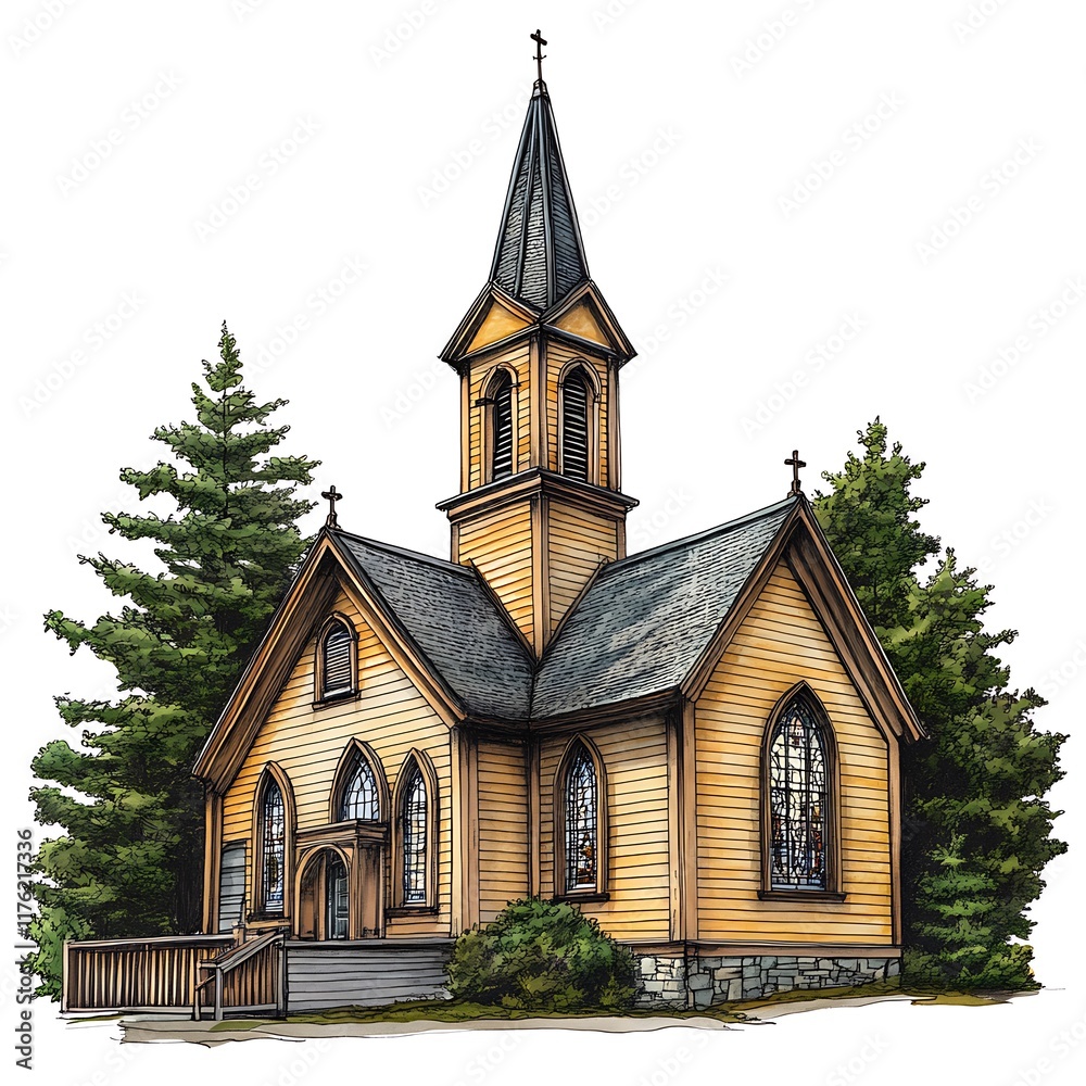 Charming illustration of a rustic wooden church nestled amidst lush greenery. Charming illustration of a rustic wooden church nestled amidst lush greenery.