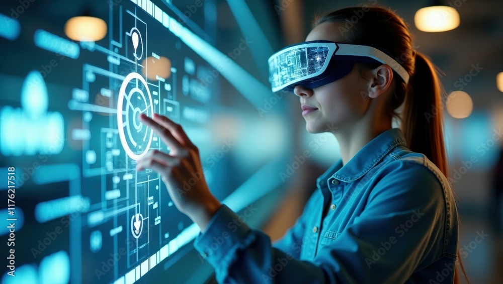 A futuristic concept of a woman in VR headset interacting with holographic technology, perfect for tech and innovation themes. A futuristic concept of a woman in VR headset interacting with holographic technology, perfect for tech and innovation themes.