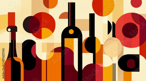 19.Series of geometric posters for a wine tasting event, featuring seamless backgrounds in rich, warm tones. The designs combine wine-related shapes and minimalist elements to create a sophisticated photo