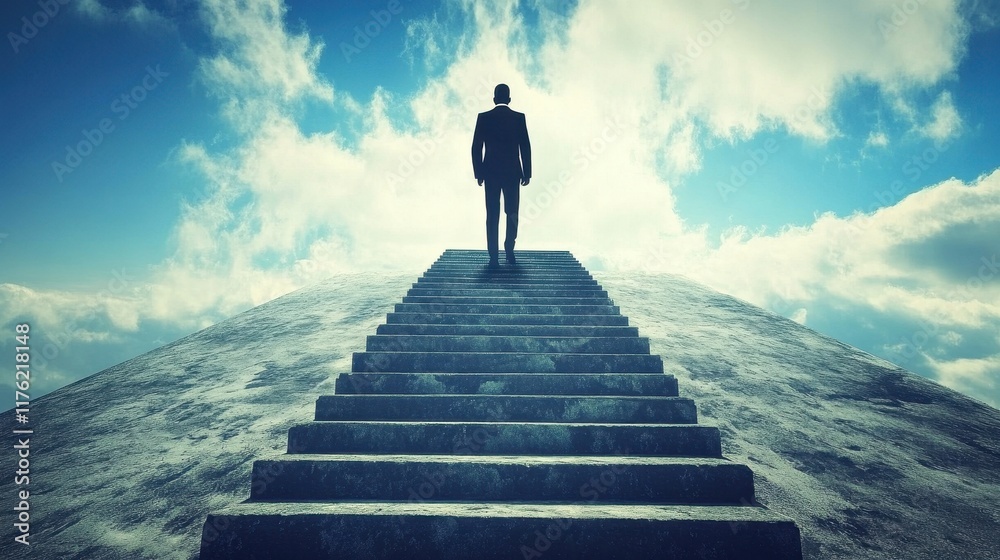 Man in suit ascending a stairway to heaven. Illustrates ambition, success, and achieving goals. Man in suit ascending a stairway to heaven. Illustrates ambition, success, and achieving goals.
