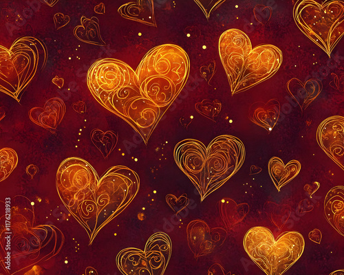 A vibrant pattern of golden hearts on a deep red background, conveying love and warmth. photo