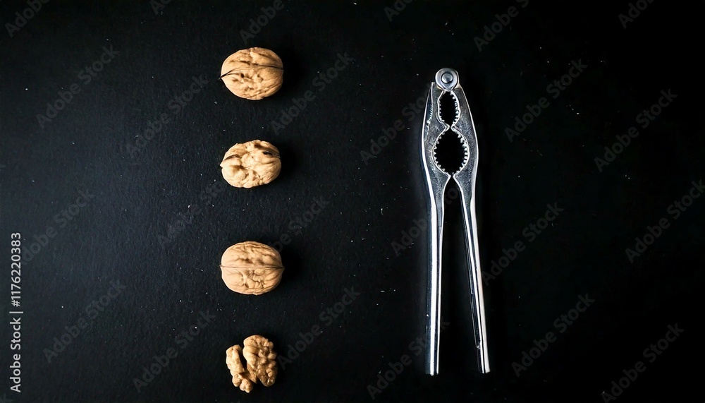 Walnuts and nutcracker on black background, top view