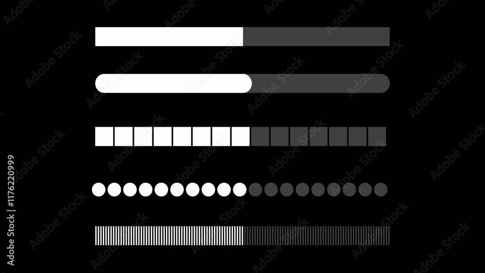 Set of loading progress bar animation on black background, 0 to 100 ...
