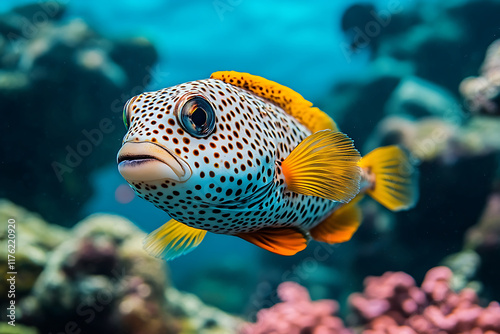 Close-up of a harlequin sweetlips fish swimming among colorful coral in the great barrier reef photo