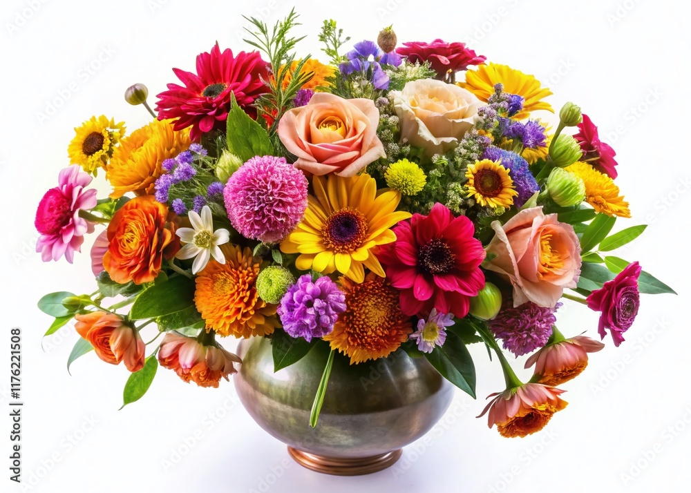 Elegant Vase with Colorful Flowers, Isolated White Background - High-Resolution Stock Photo