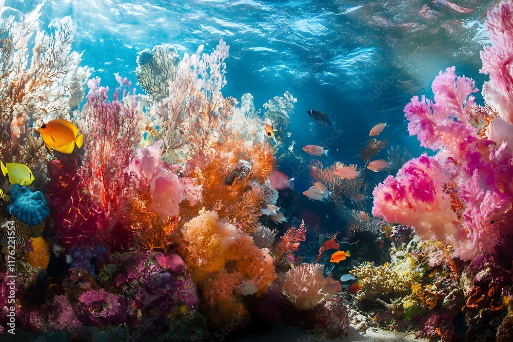 Sunlight illuminating a vibrant coral reef teeming with colorful fish Sunlight illuminating a vibrant coral reef teeming with colorful fish