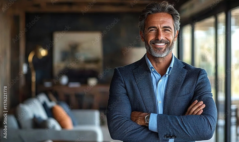 A confident man in a stylish suit smiles warmly in a modern, cozy living space. A confident man in a stylish suit smiles warmly in a modern, cozy living space.