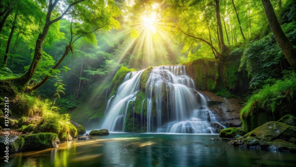 waterfall in forest with lush greenery and sunlight filtering through leaves, forest waterfalls, outdoor photography waterfall in forest with lush greenery and sunlight filtering through leaves, forest waterfalls, outdoor photography