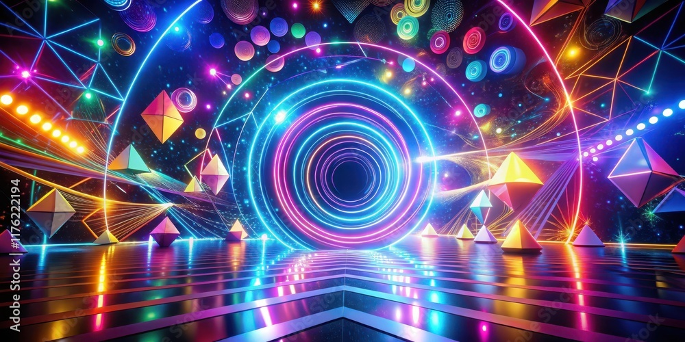 A vibrant swirl of colorful lights with geometric shapes and abstract patterns emerging from a dark background , Neon lights, Dynamic composition A vibrant swirl of colorful lights with geometric shapes and abstract patterns emerging from a dark background , Neon lights, Dynamic composition