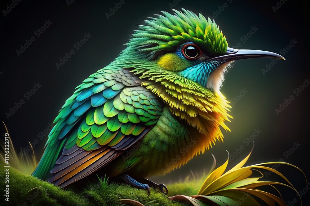 Fototapeta premium Emerald Bird on Black Canvas: Stunning Aerial Generative AI Art