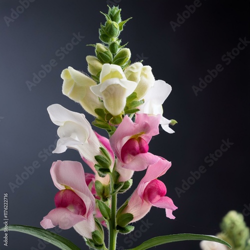 キンギョソウは春に咲く花でピンクと白の花が茎に集まって咲いている photo