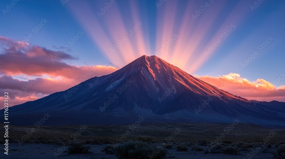 Majestic volcanic eruption with vibrant lava flows and billowing smoke at dramatic sunset over a rugged awe inspiring mountainscape against a serene and ethereal sky Majestic volcanic eruption with vibrant lava flows and billowing smoke at dramatic sunset over a rugged awe inspiring mountainscape against a serene and ethereal sky