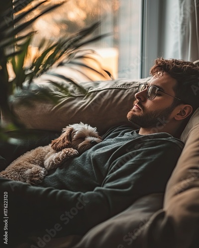 A man is laying on a couch with a small dog on his lap