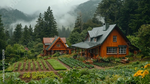 Two rustic wooden houses nestled in a lush green mountain valley garden on a misty day.