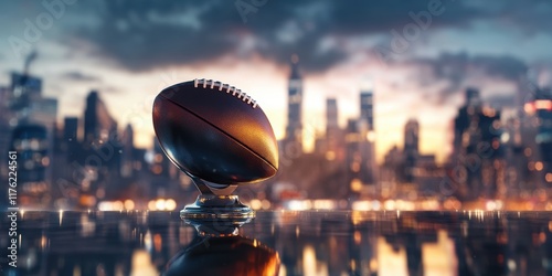 Football on stand against city skyline at dusk sports still life urban environment dynamic view photo