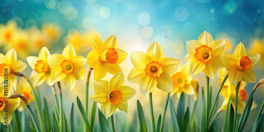 Fototapeta premium Daffodils swaying gently in the breeze , yellow, petals, yellow, petals, landscape, blooms, fields, background, flowers