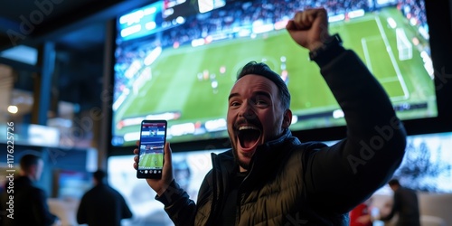 Fototapeta Naklejka Na Ścianę i Meble -  Sports victory celebration sports bar event photography indoor environment enthusiastic viewpoint joyful concept