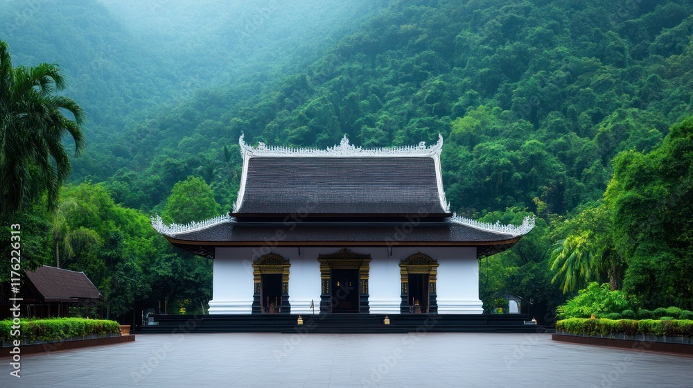 Serene temple surrounded by lush mountains and greenery. Serene temple surrounded by lush mountains and greenery.
