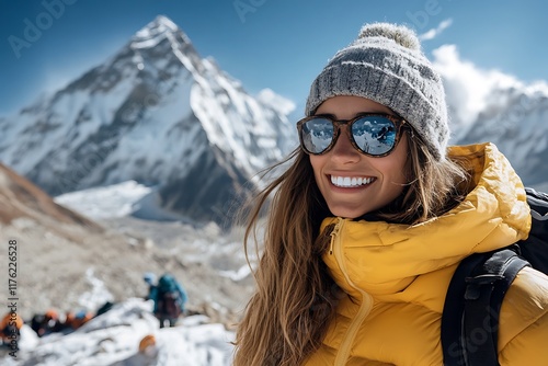 Female mountaineer smiles victoriously with mount everest reflecting in her sunglasses, showcasing the triumph of reaching the summit