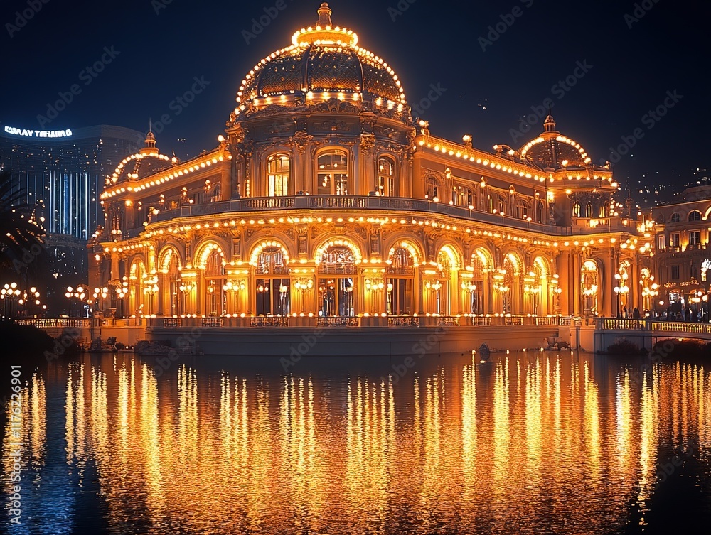 Fototapeta premium A beautifully illuminated building at night, reflecting in a calm body of water.