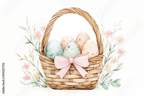 Watercolor Texture Cute Easter Basket with Eggs
