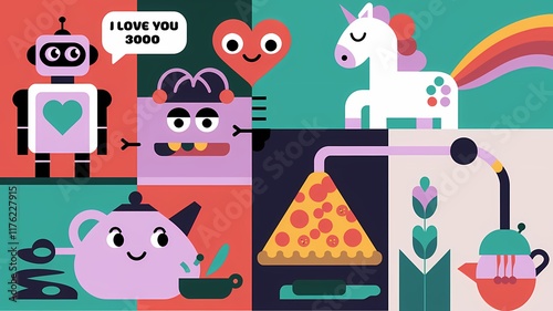 Flat Art Illustration of a Whimsical Scene with a Robot, Unicorn, Pizza, Teapot, and Lamp