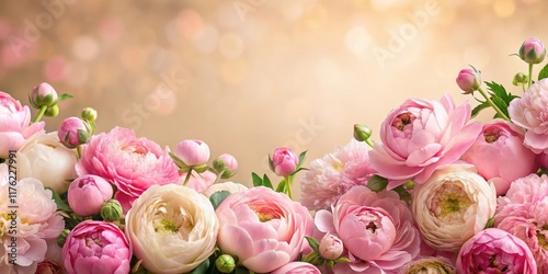Fototapeta Naklejka Na Ścianę i Meble -  Soft pink peonies and ranunculuses in a lush garden against a warm beige backdrop