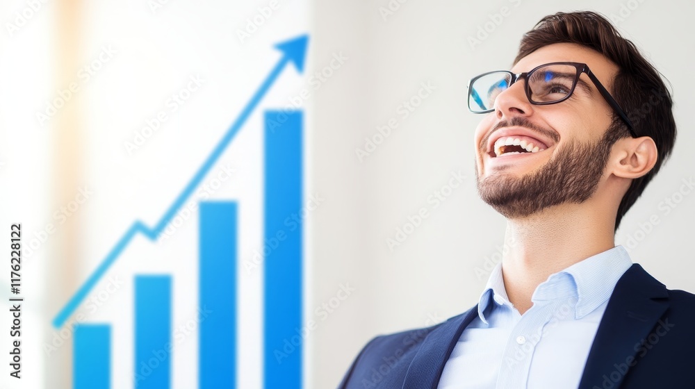 A smiling man in business attire with glasses, standing beside a rising graph. A smiling man in business attire with glasses, standing beside a rising graph.