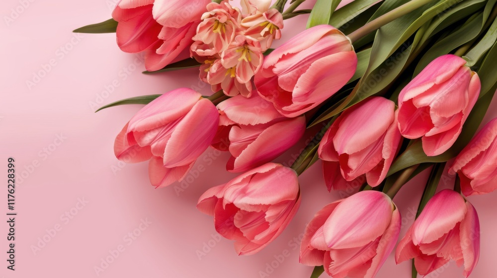 Obraz premium Exquisite Spring Flower Arrangement: A Pink Tulip Bouquet with a Pastel Pink Background for Festive Occasions