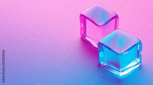 Two translucent cubes glow in vibrant pink and blue hues