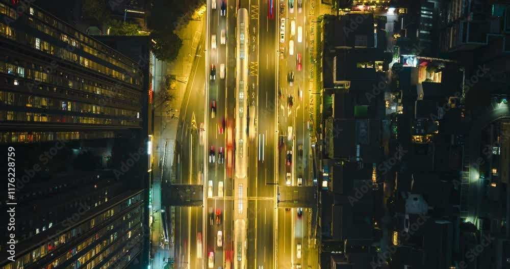 aerial hyperlapse of busy traffic on the road at Chengdu Sichuan China at twilight