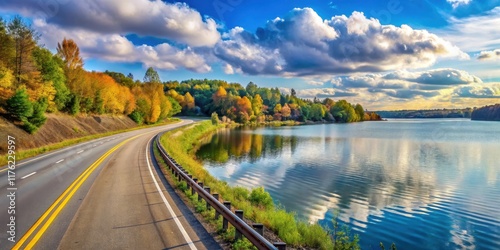 A scenic highway with a lake in the background, landscape, Cuyahoga County,  landscape, Cuyahoga County