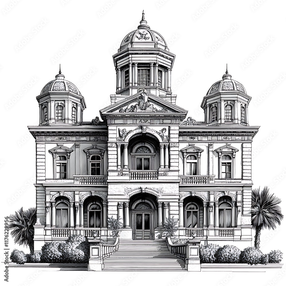 Architectural Illustration of a Grand Mansion with Domes, Balconies, and Palm Trees. Architectural Illustration of a Grand Mansion with Domes, Balconies, and Palm Trees.