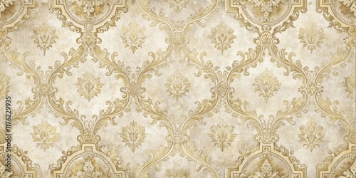 Distressed damask wallpaper with faded floral patterns and ornate gold frames, set against a soft cream background, abstract pattern, gold accents