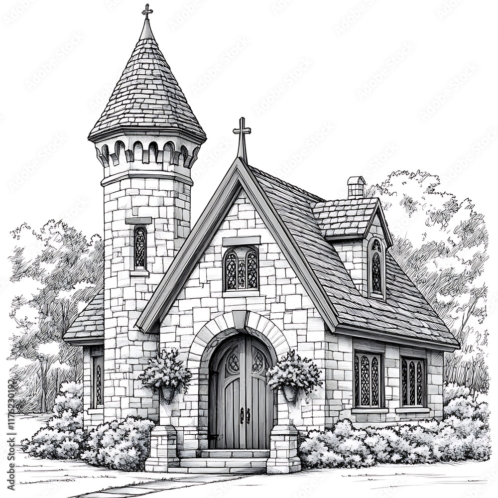 Architectural Sketch of a Stone Chapel with a Conical Tower and Cross. Architectural Sketch of a Stone Chapel with a Conical Tower and Cross.