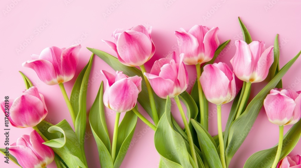 Obraz premium Exquisite Spring Flower Arrangement: A Pink Tulip Bouquet with a Pastel Pink Background for Festive Occasions