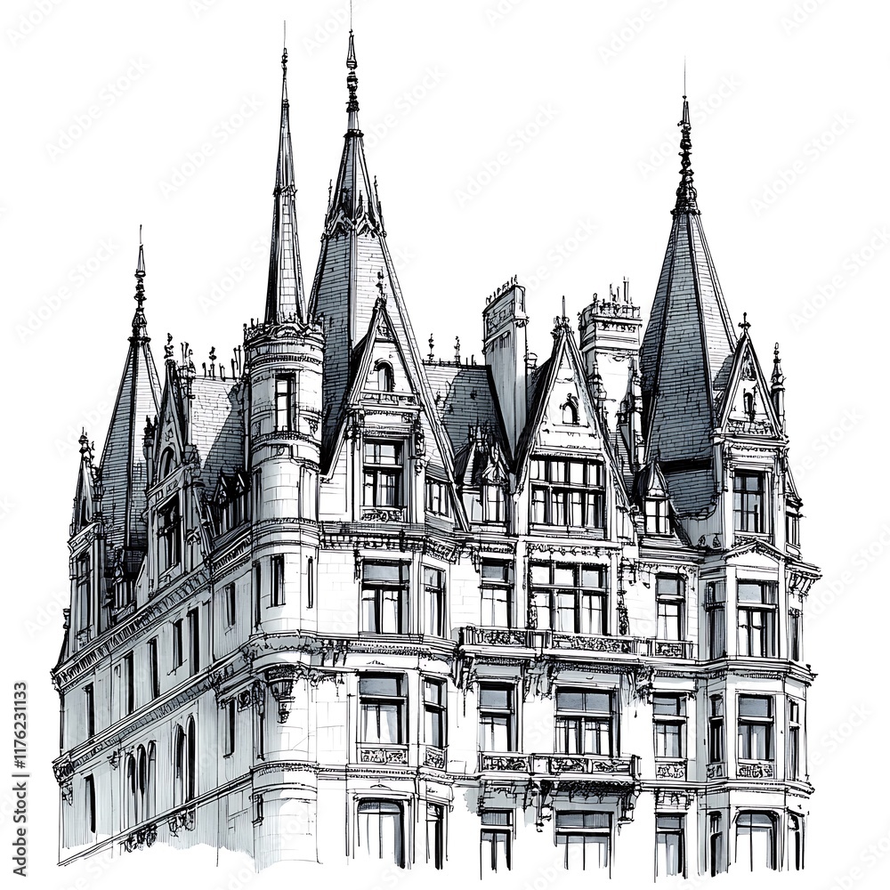 Architectural Sketch of an Elegant European-Style Building with Ornate Detailing and Multiple Steeply Pitched Roofs. Architectural Sketch of an Elegant European-Style Building with Ornate Detailing and Multiple Steeply Pitched Roofs.