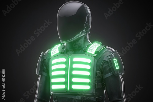 A futuristic figure in a sleek, black suit adorned with glowing green lights, embodying a cybernetic or sci-fi aesthetic. photo