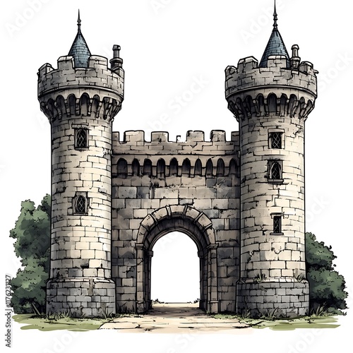 An illustration of a medieval castle gatehouse with two towers, arched entryway, and lush greenery. photo