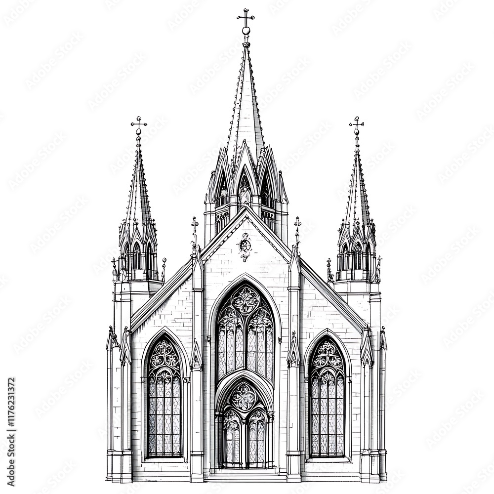 Architectural Sketch of a Gothic Style Church with Intricate Details and Steeples. Architectural Sketch of a Gothic Style Church with Intricate Details and Steeples.