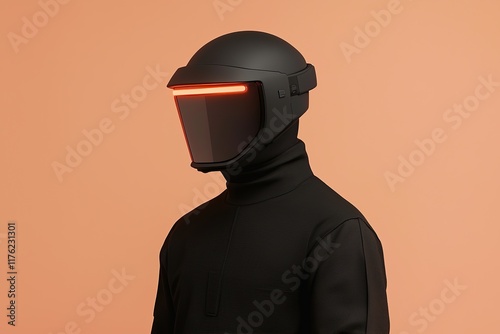 A futuristic figure in a sleek black outfit and helmet with glowing red accents, set against a soft orange backdrop. photo