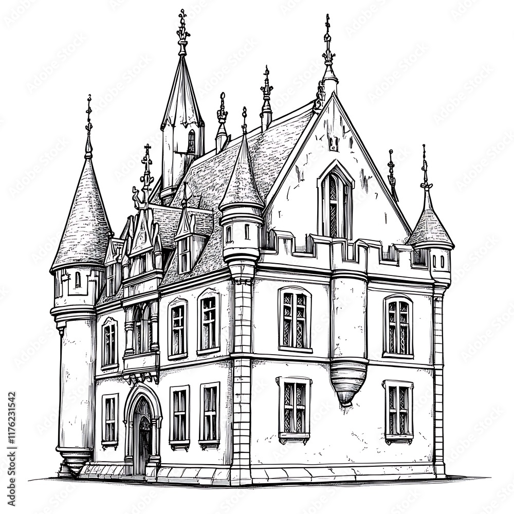 Fototapeta premium Ink Drawing of a Fairytale Castle with Turrets, Towers, and Intricate Details.