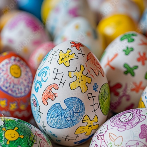 A close-up of decorative eggs showcasing fun puzzle-themed drawings, capturing the essence of children's art. photo