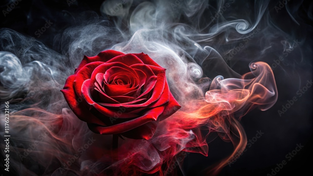 Enchanted evening rose surrounded by a mesmerizing red smoke swirl on a dark and luxurious black background Enchanted evening rose surrounded by a mesmerizing red smoke swirl on a dark and luxurious black background