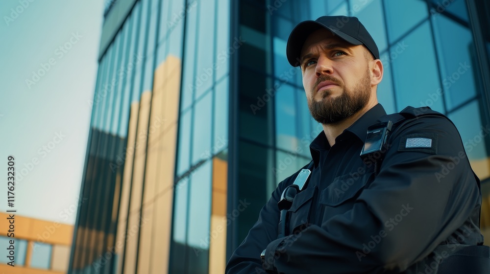 A security guard stands confidently in front of a modern glass building. A security guard stands confidently in front of a modern glass building.