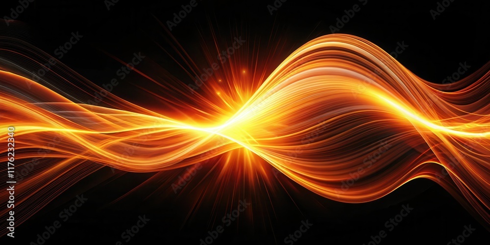 Obraz premium Orange light wave on black background with vibrant and energetic colors, radiating from a central point, evoking a sense of movement and dynamism , dynamic, abstract