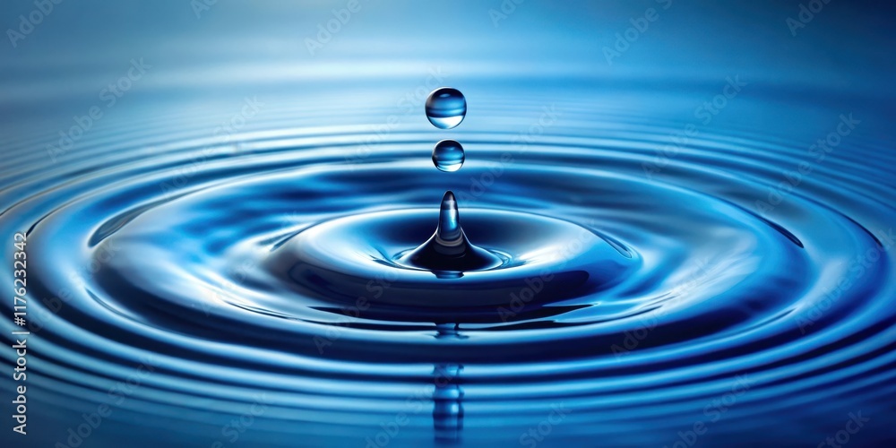 A single water drop falls gently onto a serene blue background, its ripples spreading outwards in a delicate pattern , liquid droplets, natural elements A single water drop falls gently onto a serene blue background, its ripples spreading outwards in a delicate pattern , liquid droplets, natural elements